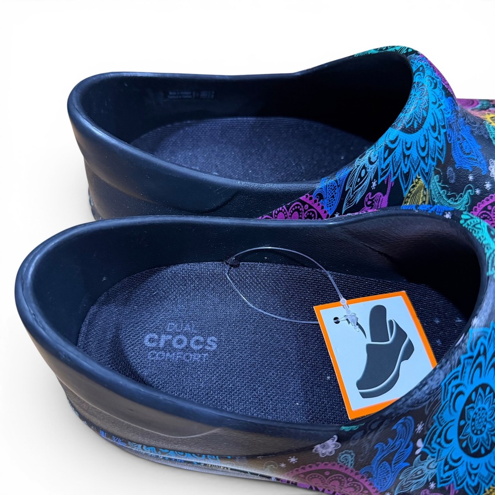 Crocs Neria Pro II Women 10 Black Mandala Floral Slip Resistant Work Clog Shoe - Picture 7 of 9